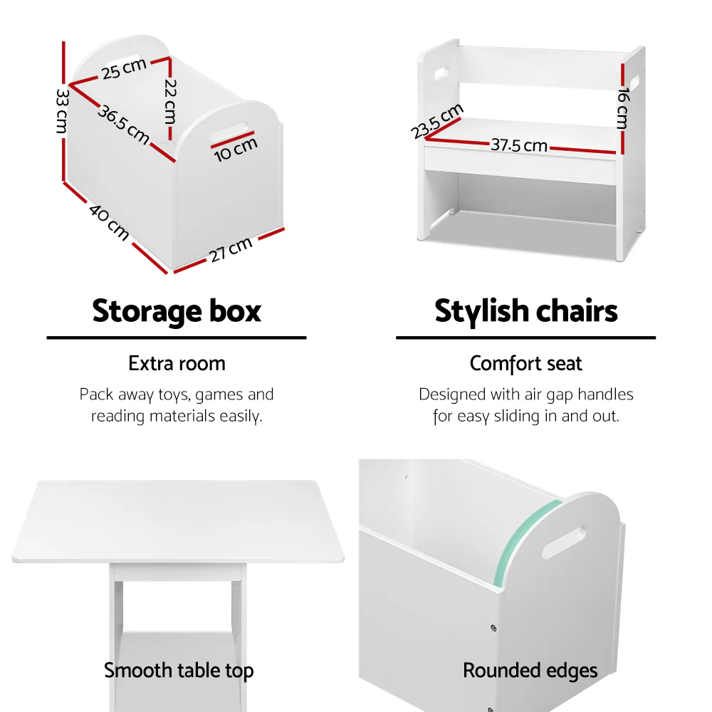 Perline 3-Piece Kids Table & Chairs Set Multi-function and Chair Hidden Storage Box Toy Activity Desk - White - Nurns