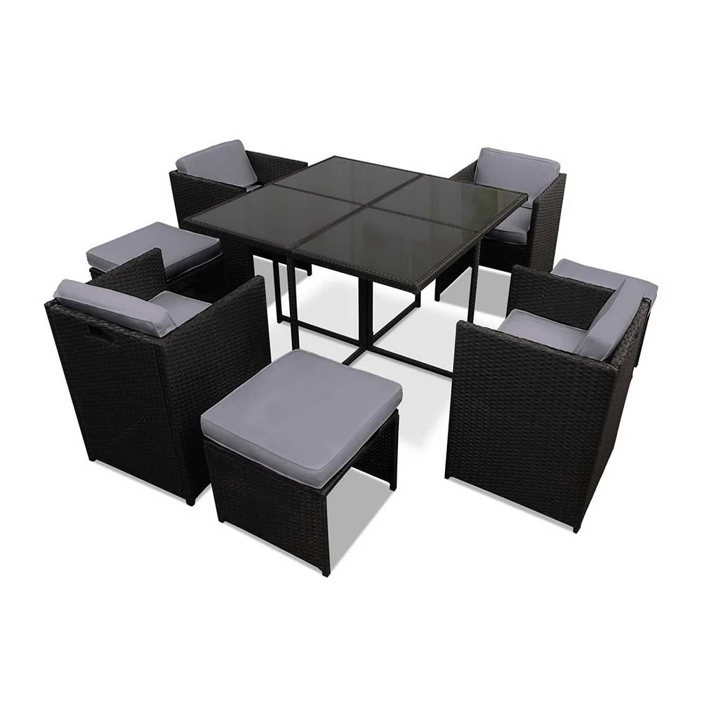 Corbridge 8-Seater Wicker 9-Piece Outdoor Dining Set - Black - Nurns