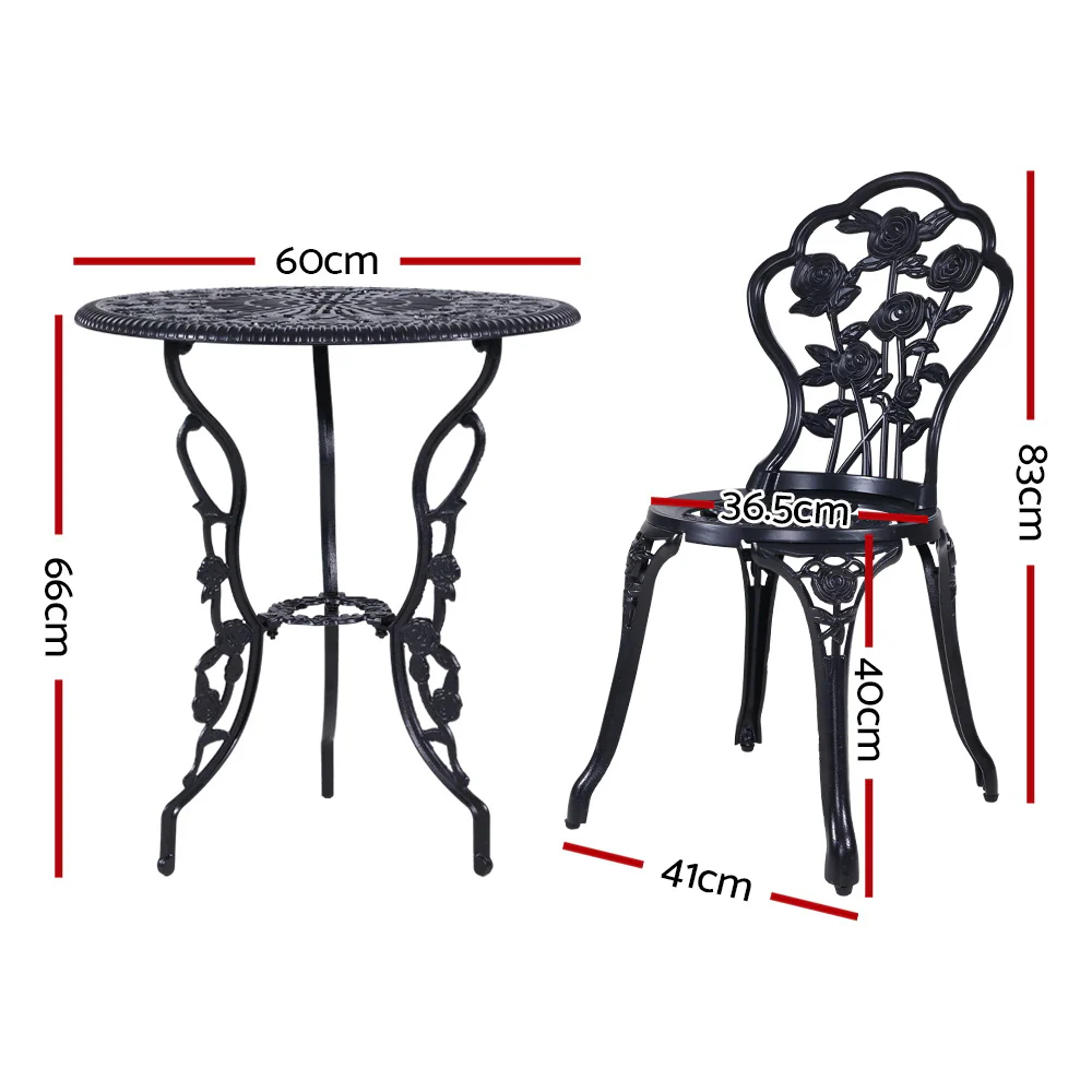 Caspian 2-Seater Cast Aluminium Table Chair Patio 3-Piece Outdoor Setting - Black - Nurns
