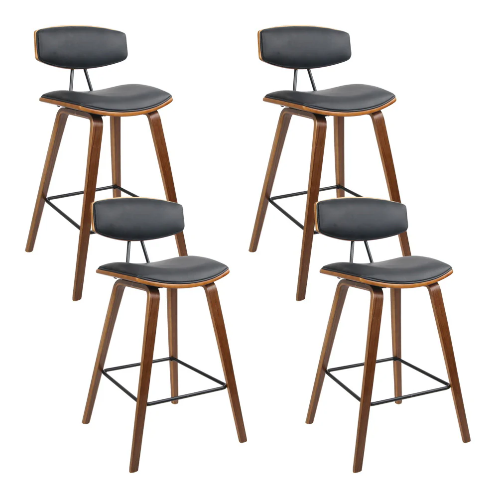 Set of 4 Cosenza PU Leather Circular Footrest Bar Stools - Black - Nurns