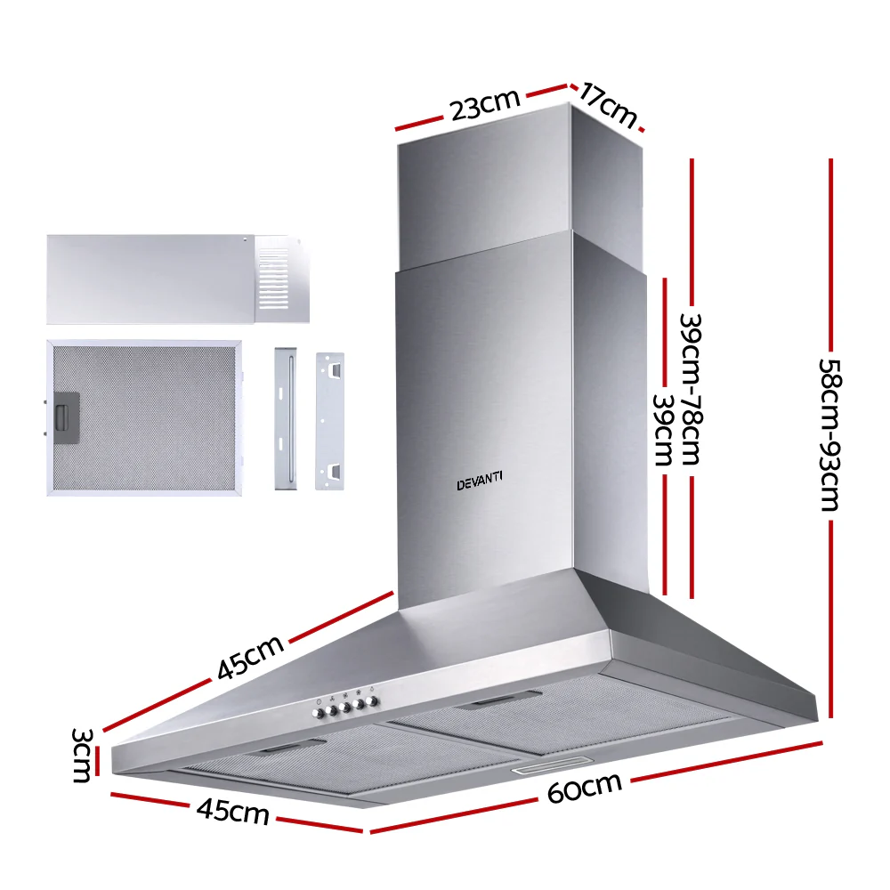 Devanti 600mm Range Hood 60cm Rangehood Stainless Steel - Nurns
