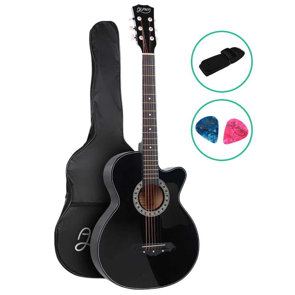Alpha 38 Inch Acoustic Guitar Wooden Body Steel String Full Size Cutaway Black - Nurns
