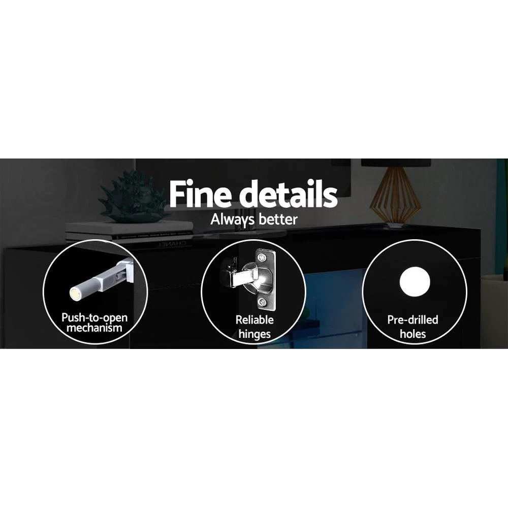 Hanns 180cm TV Cabinet Entertainment Unit Stand RGB LED Gloss 3 Doors - Black - Nurns