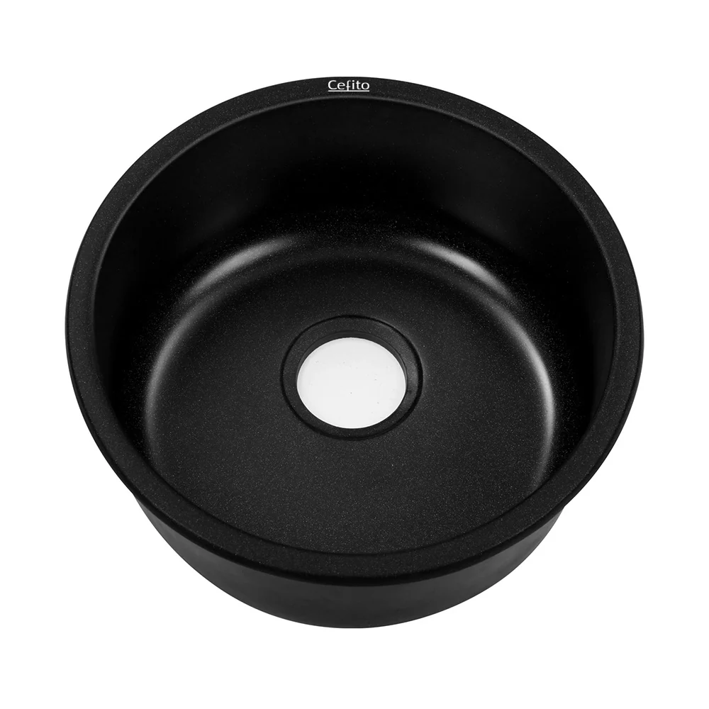 Stone Kitchen Sink Round 430MM Granite Under/Topmount Basin Bowl Laundry Black - Nurns