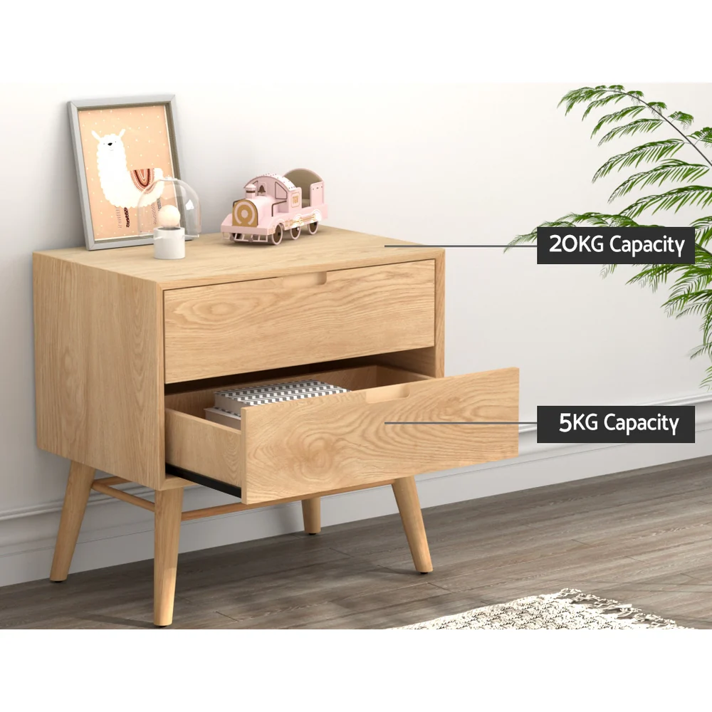 Dauphin Wooden Bedside Tables Side End Table Nightstand Legs Bedroom Storage with 2 Drawers - Wood - Nurns
