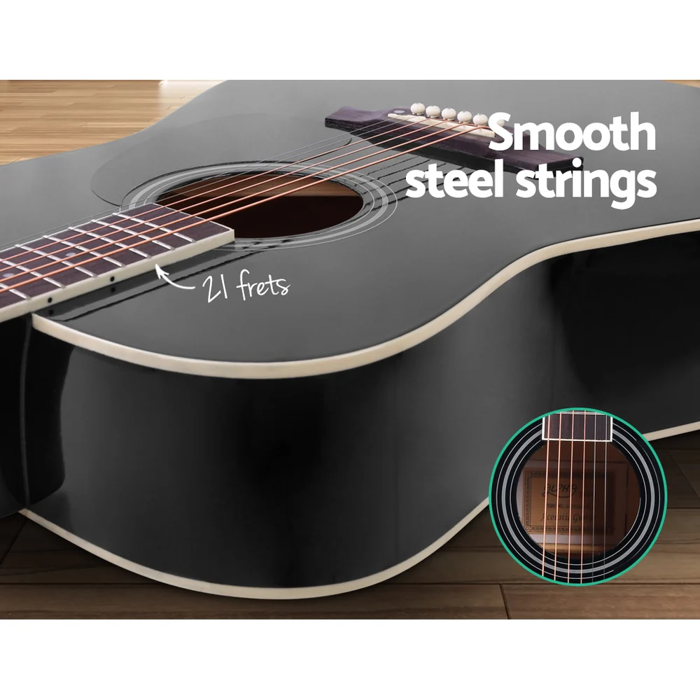 Alpha 41 Inch Acoustic Guitar Wooden Body Steel String Dreadnought Black - Nurns
