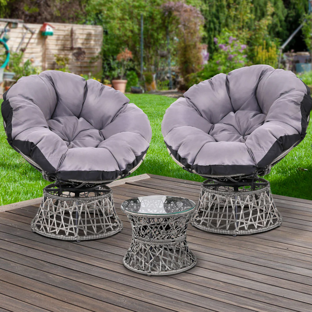 Outdoor Lounge Setting Furniture Wicker Papasan Chairs Table Patio - Grey - Nurns