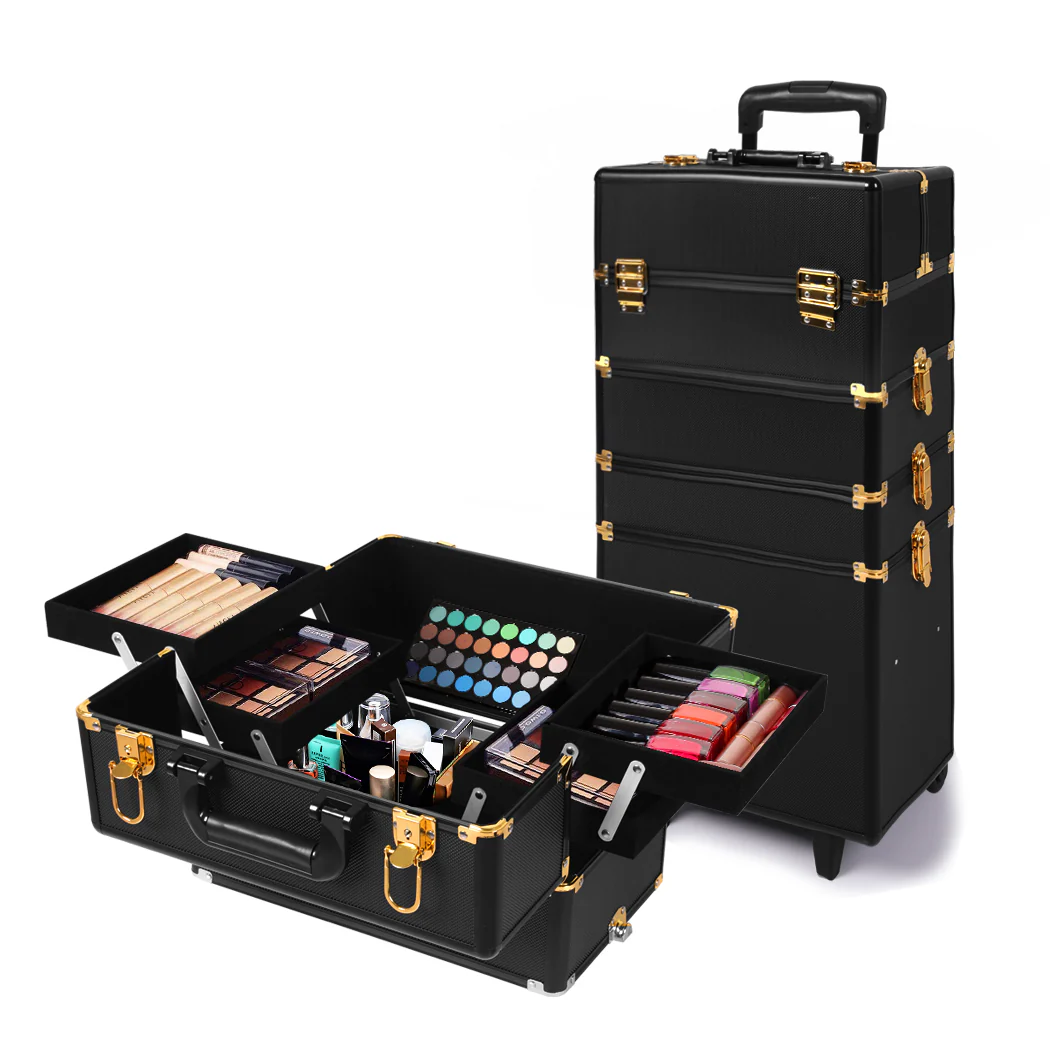 Makeup Case Professional Makeup Organiser 7 In 1 Trolley Black Gold - Nurns