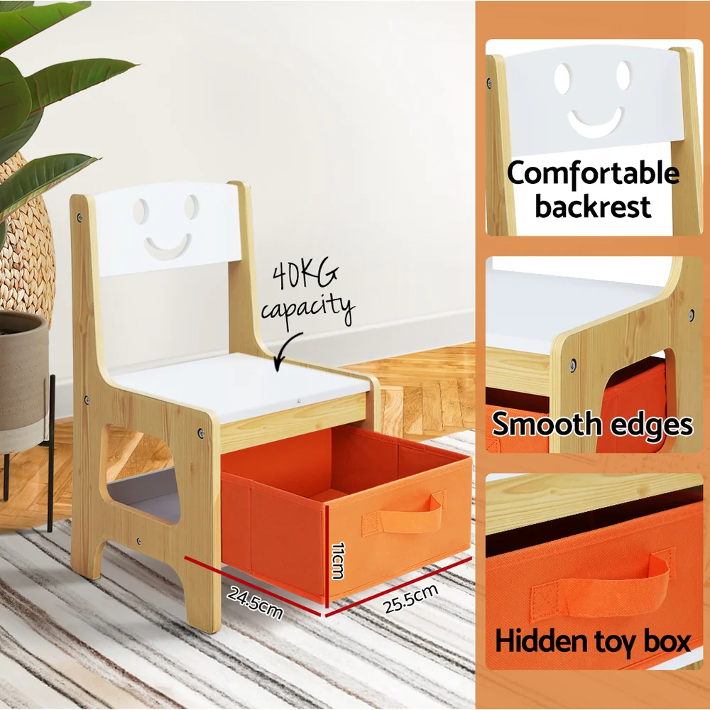 Pheby 3-Piece Kids Table & Chairs Set Activity Chalkboard Toys Storage Box Desk - White & Wood - Nurns