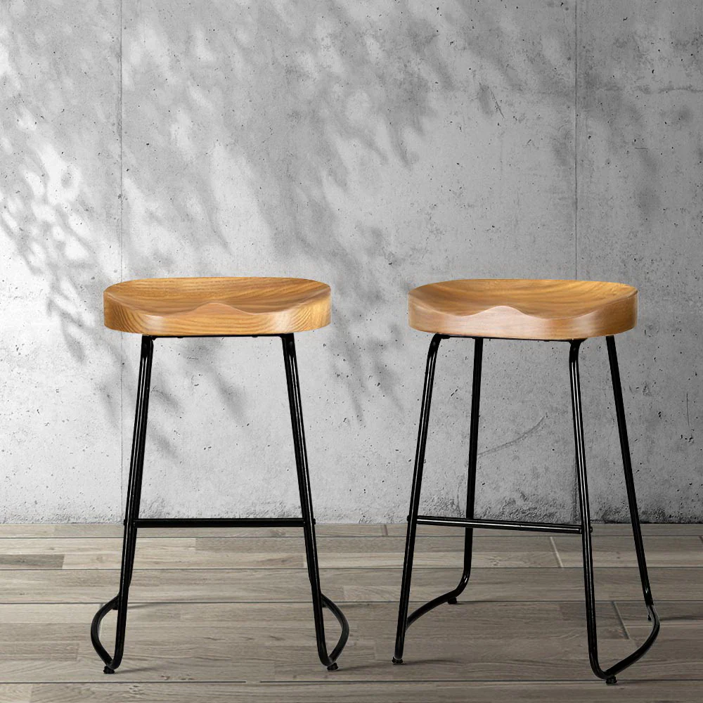 Set of 2 Reggio 65cm Elm Wood Backless Bar Stools - Black & Natural - Nurns