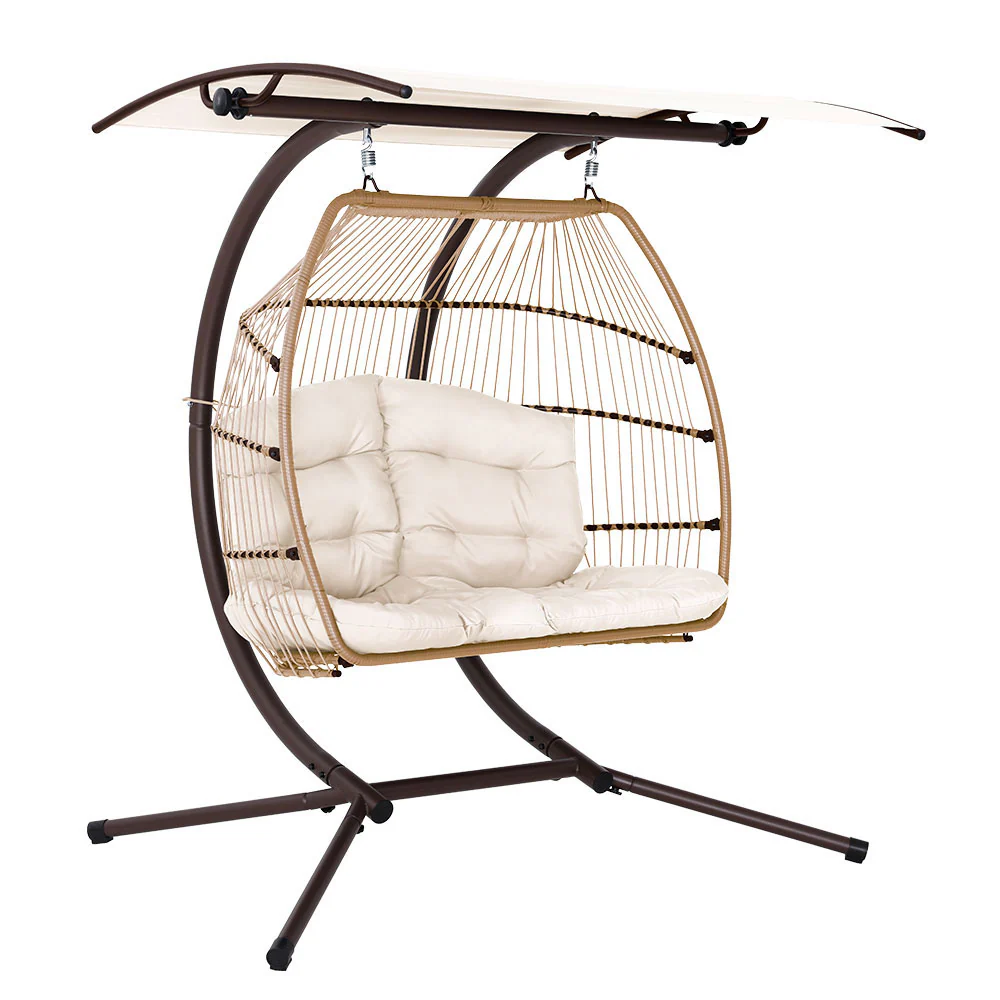 Bryce Egg Swing Chair Rattan Double Hanging Wicker with Stand - Latte - Nurns