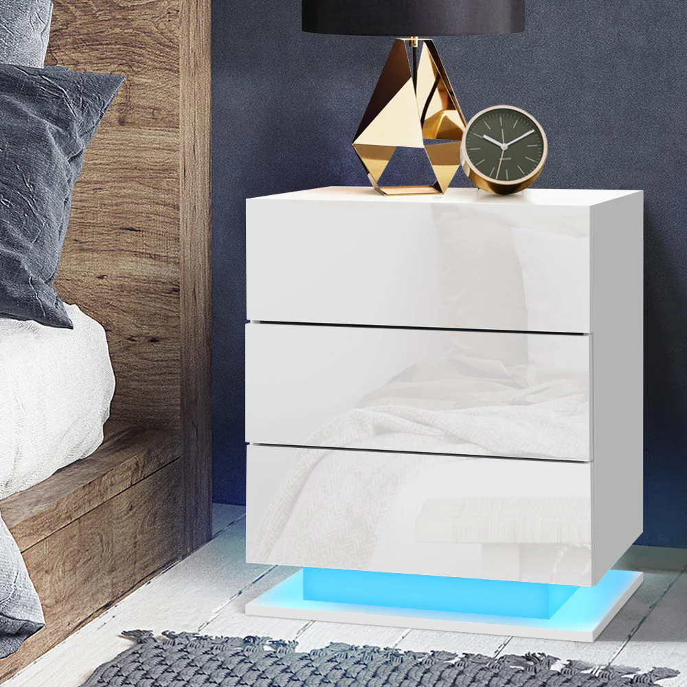 Lachine LED High Gloss Bedside Tables Side Table RGB LED Lamp Nightstand Gloss with 3 Drawers - White - Nurns