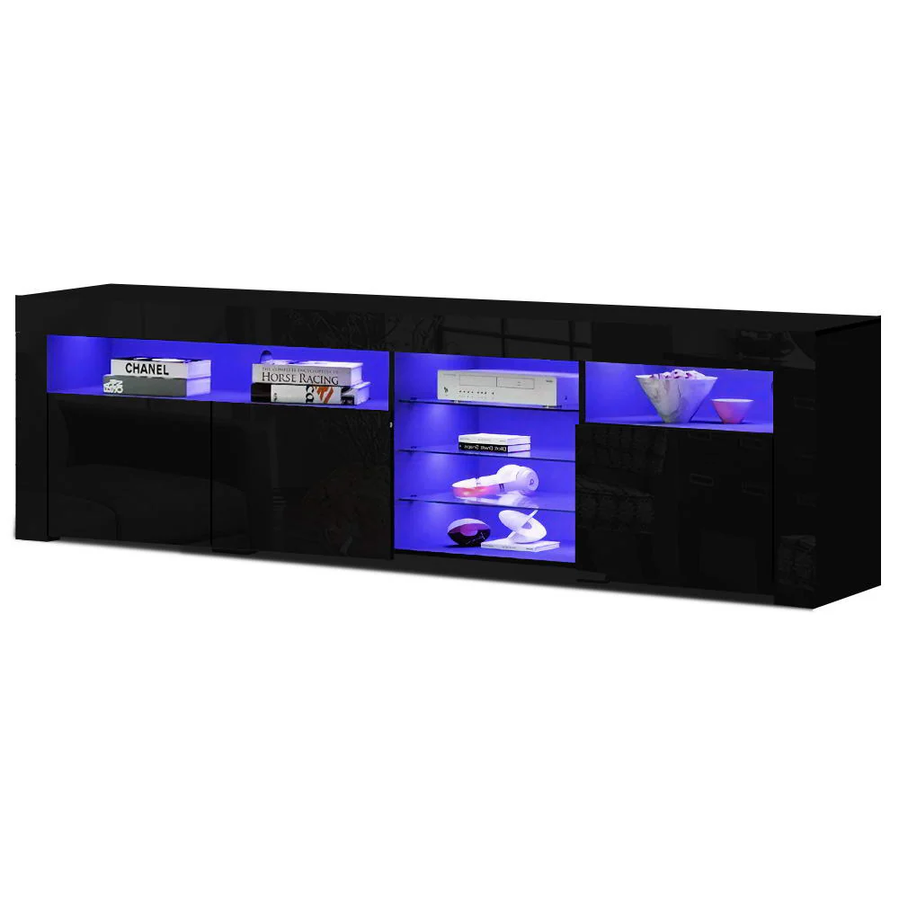 Hanns 180cm TV Cabinet Entertainment Unit Stand RGB LED Gloss 3 Doors - Black - Nurns