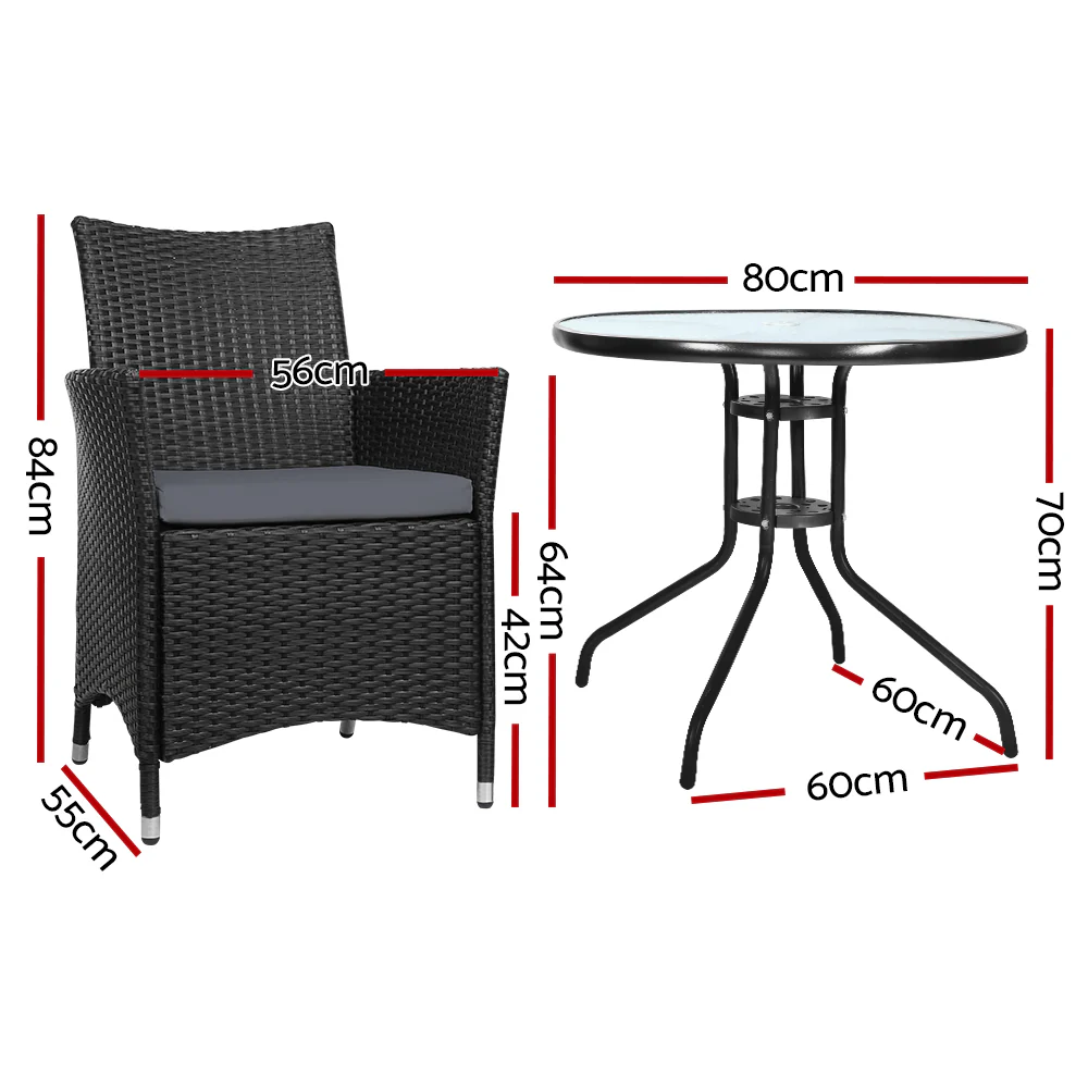 Wareham 2-Seater Chair Table Wicker Patio Tea Coffee Cafe Bar 3-Piece Outdoor Furniture - Black - Nurns