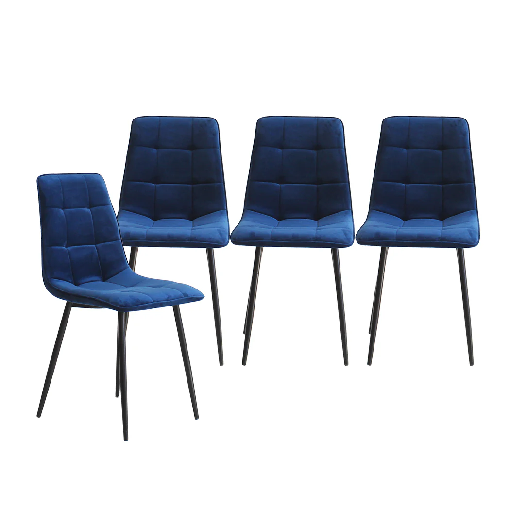 Spencer Set of 4 Dining Chairs Kitchen Table Lounge Room Retro Padded Seat Velvet - Blue - Nurns