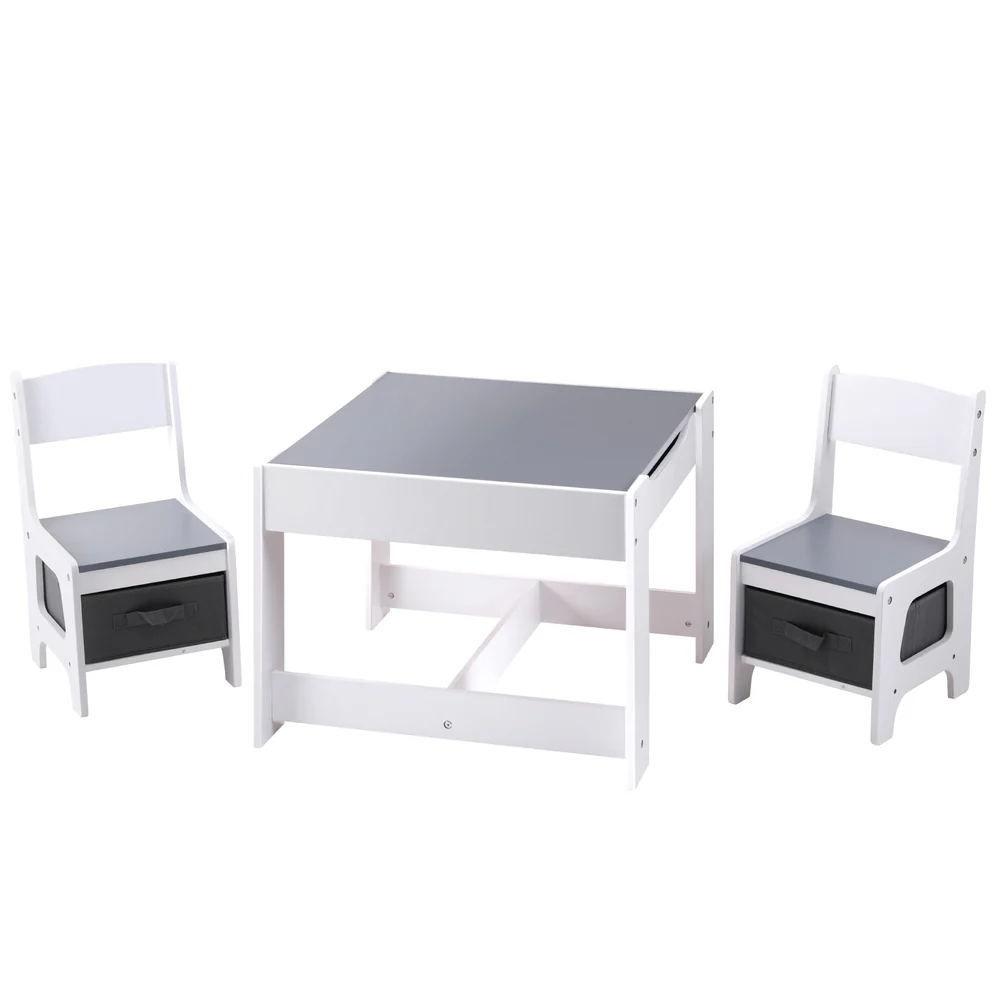 Pheby 3-Piece Kids Table & Chairs Set Play Activity Toys Storage Chalkboard Desk - Grey - Nurns