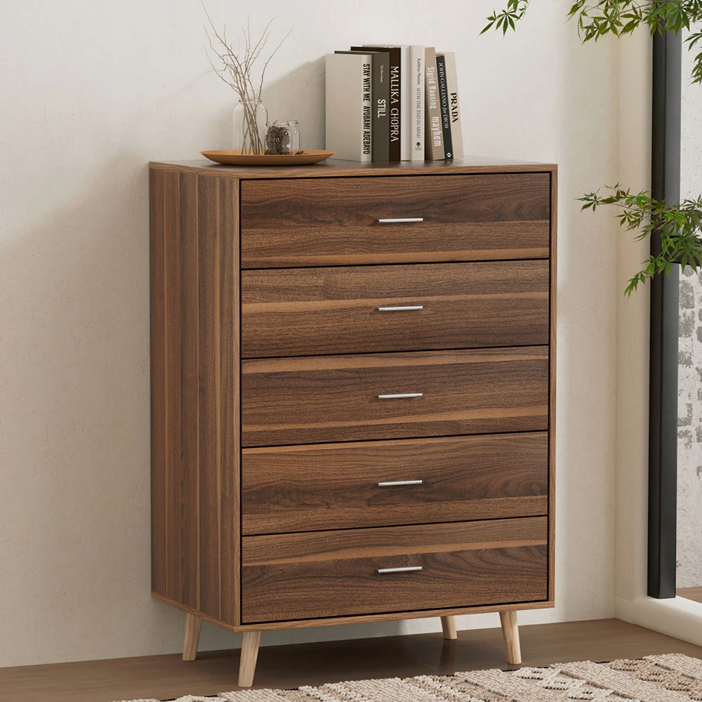 Artiss 5 Chest of Drawers - Walnut - Nurns