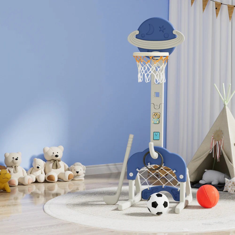 Keezi Kids Basketball Hoop Stand Adjustable 6-in-1 Sports Centre Toys Set Blue - Nurns