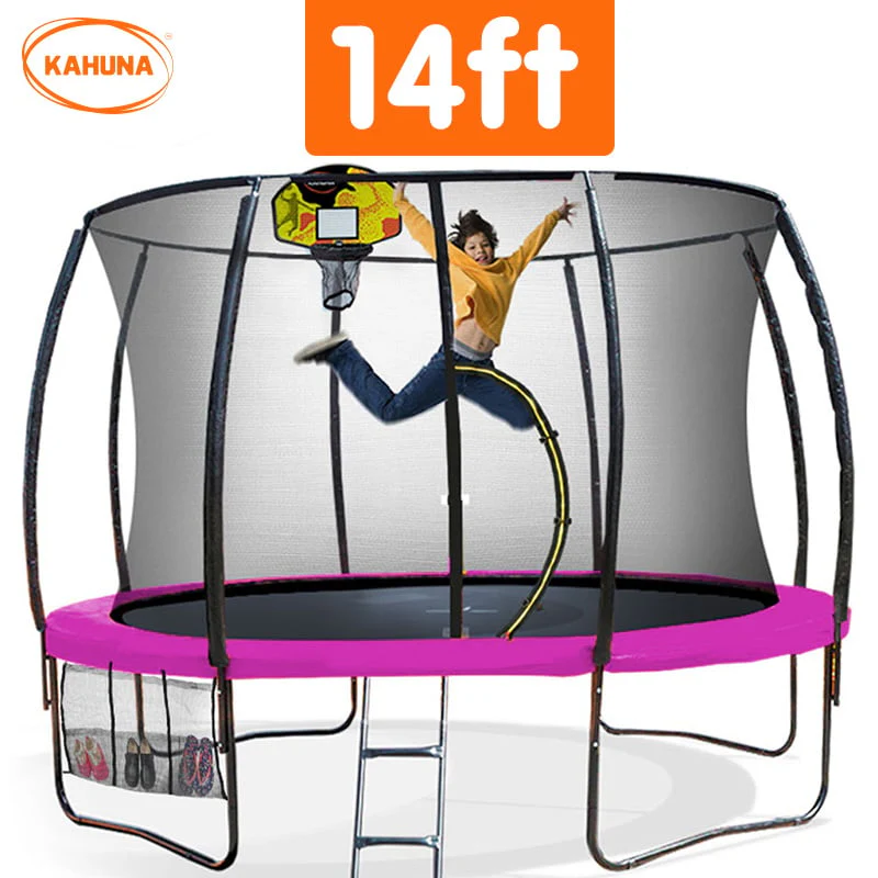 Kahuna Trampoline for Kids 14FT Outdoor Children with Safety Enclosure Pad Mat Ladder Basketball Hoop Set - Pink - Nurns