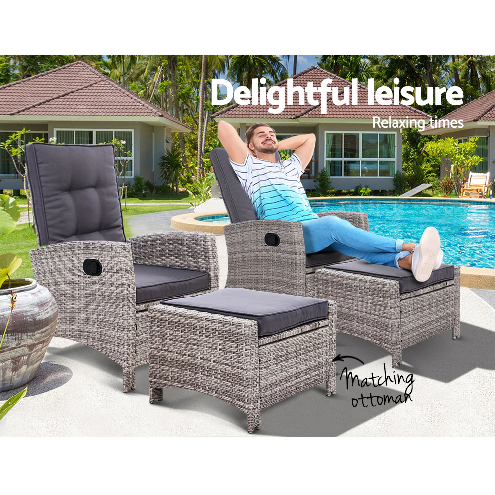 Dursley Set of 2 Recliner Chair Outdoor Furniture Setting Patio Wicker Sofa Chair and Ottoman - Grey - Nurns