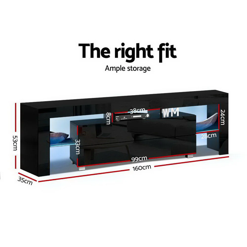 Erica 160cm TV Cabinet Entertainment Unit Stand RGB LED Gloss Furniture - Black - Nurns
