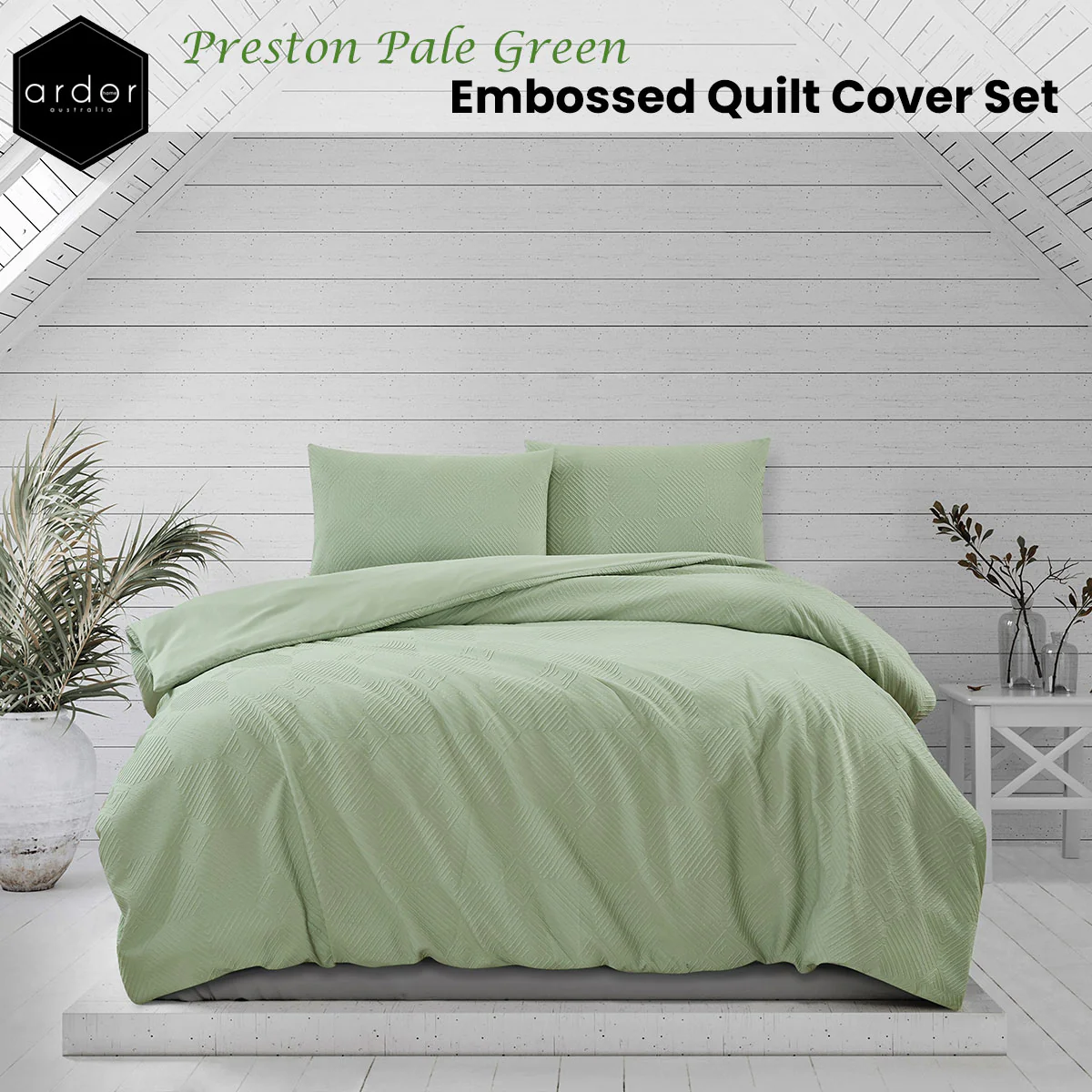 QUEEN Embossed Quilt Cover Set - Palm Green - Nurns