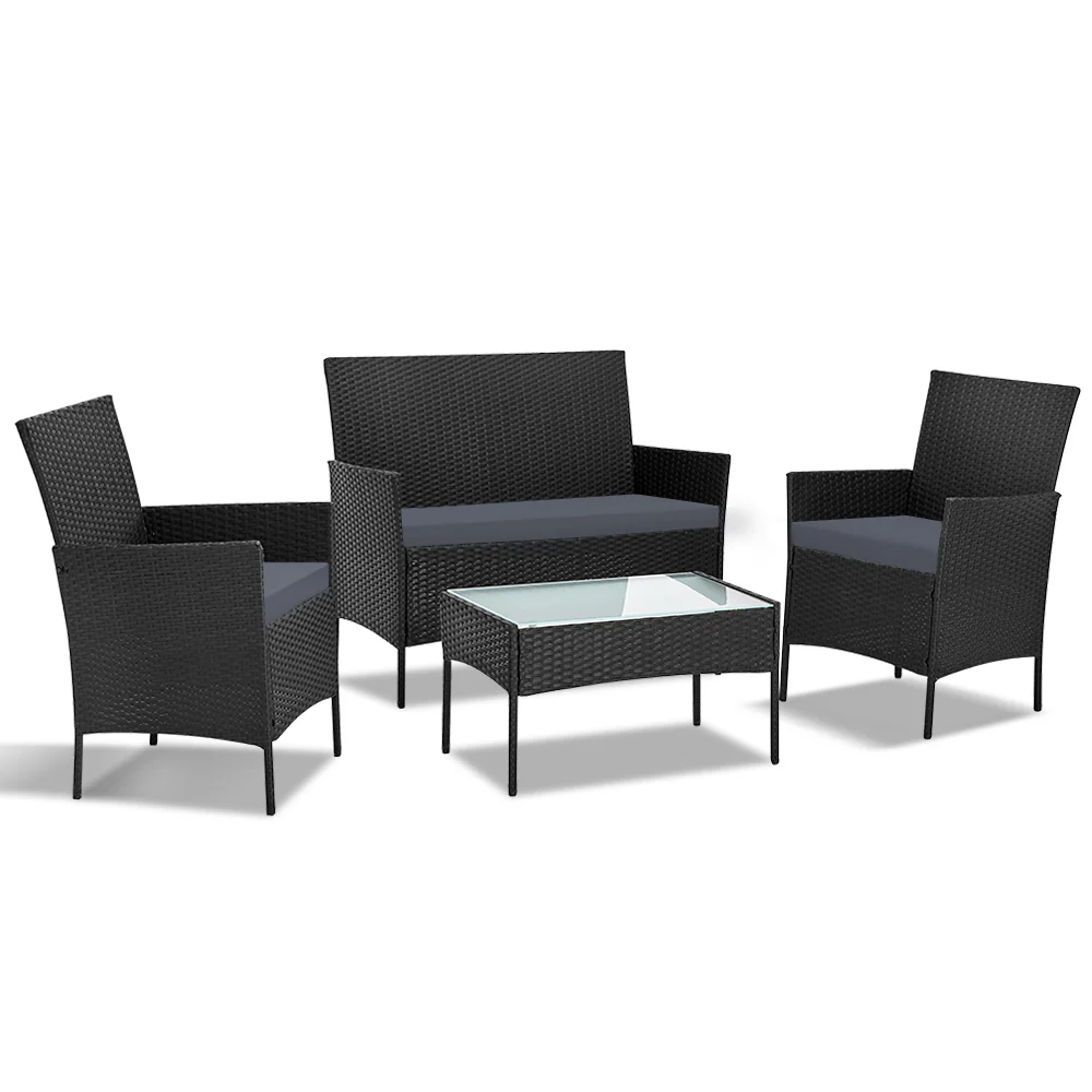 Justin 4-Seater Wicker Setting Table Chair Furniture 4-Piece Outdoor Sofa Set - Black - Nurns