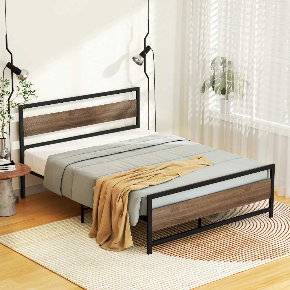 Havana Metal Bed Frame Wooden Headboard no Drawers - Black Double - Nurns