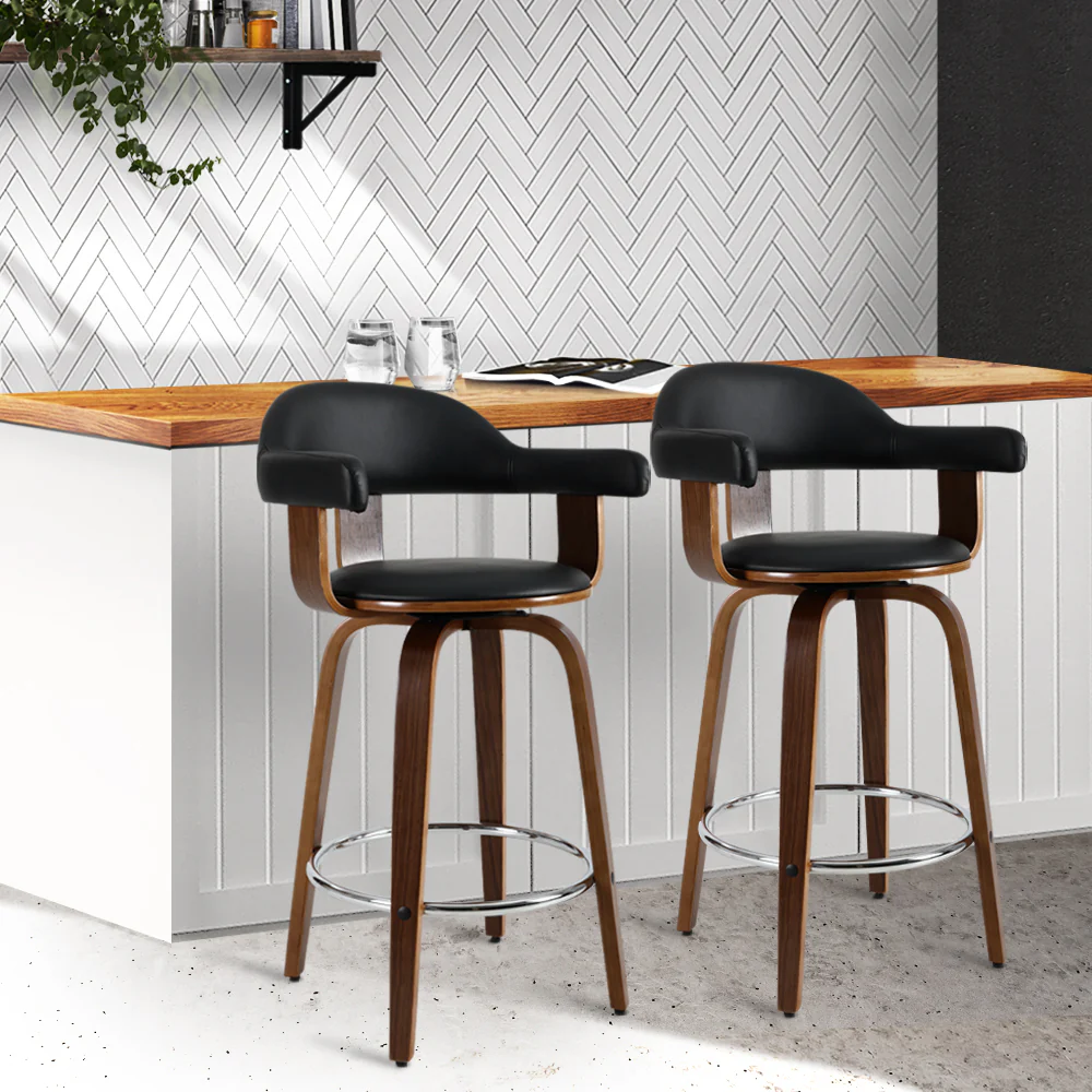 Set of 2 Evora Bar Stools PU Leather Wooden Swivel - Wood,Chrome & Black - Nurns