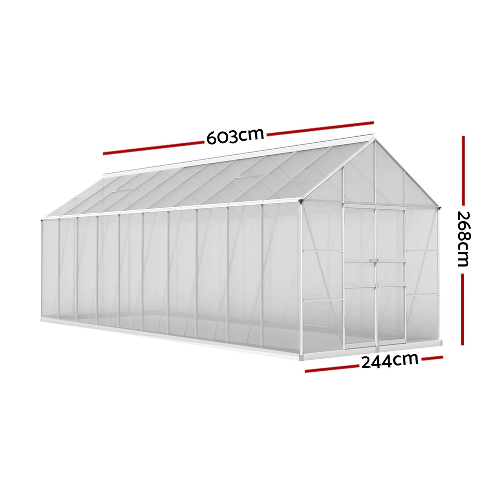 Greenfingers Greenhouse 6.03x2.44x2.68M Double Doors Aluminium Green House Garden Shed - Nurns