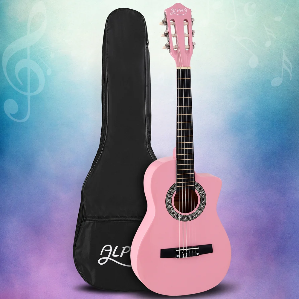 Alpha 34 Inch Classical Guitar Wooden Body Nylon String Beginner Kids Gift Pink - Nurns
