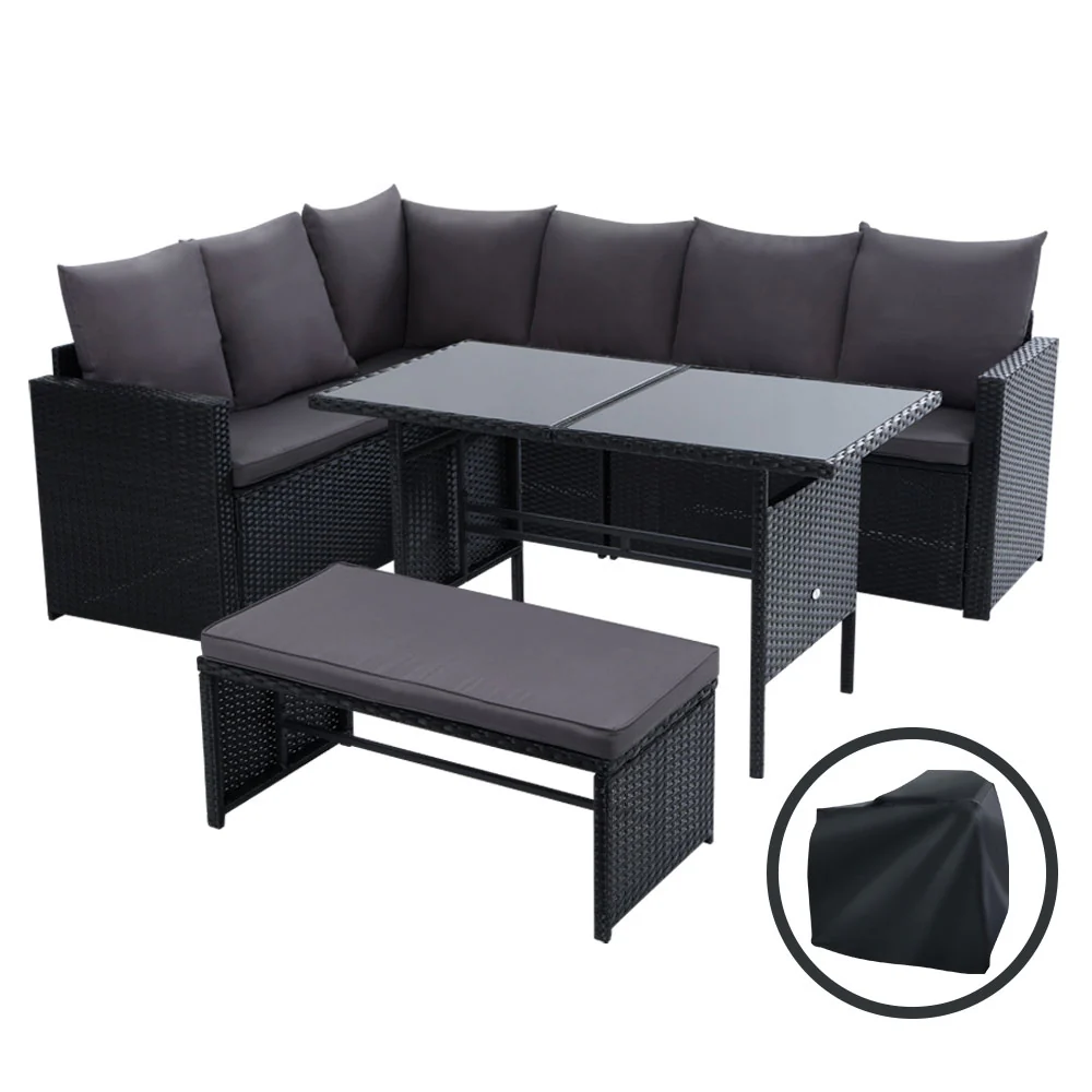 Morgan 8-Seater Furniture Dining Wicker 5-Piece Outdoor Sofa with Storage Cover - Black - Nurns