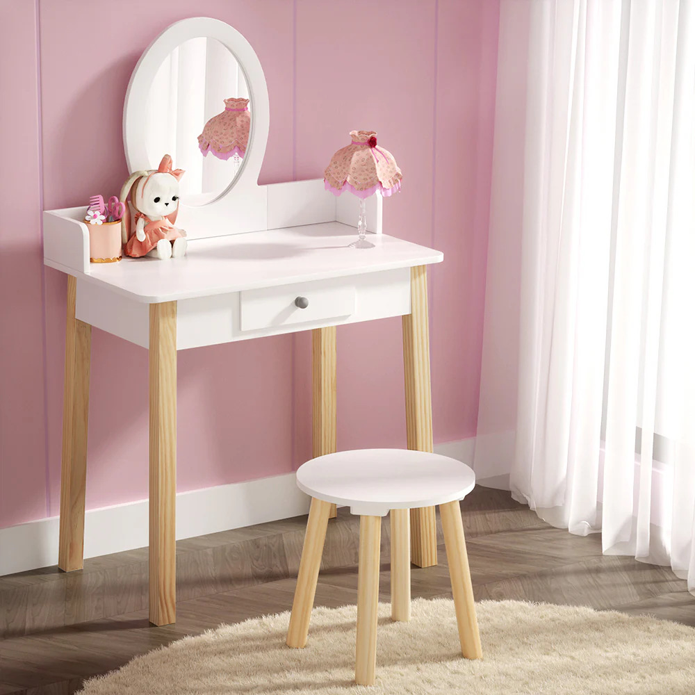 Kids Dressing Table Chair Set Wooden Leg Vanity Makeup Drawer Mirror - Nurns