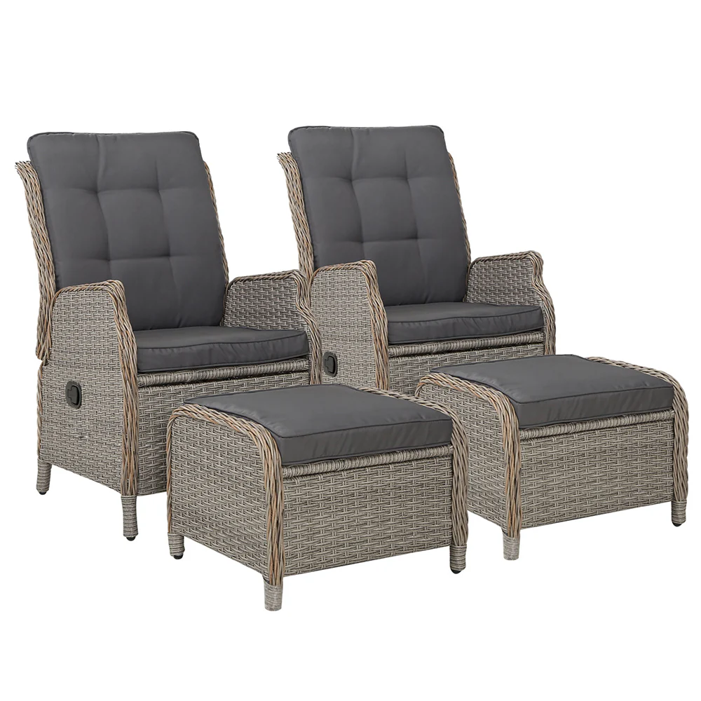 Yeovil Set of 2 Recliner Chair Outdoor Furniture Setting Patio Wicker Sofa Chair and Ottoman - Grey - Nurns