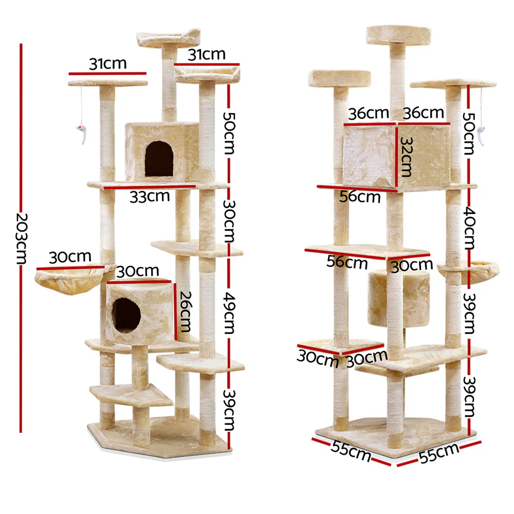 Cat Tree 203cm Trees Scratching Post Scratcher Tower Condo House Furniture Wood - Beige - Nurns