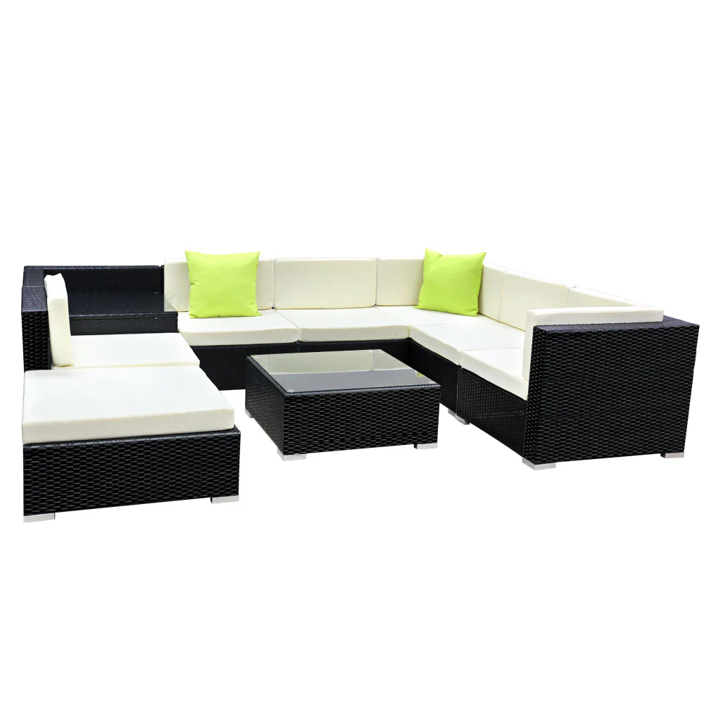 Chester 8-Seater Outdoor Set Furniture Wicker 9-Piece Sofa with Storage Cover - Black - Nurns