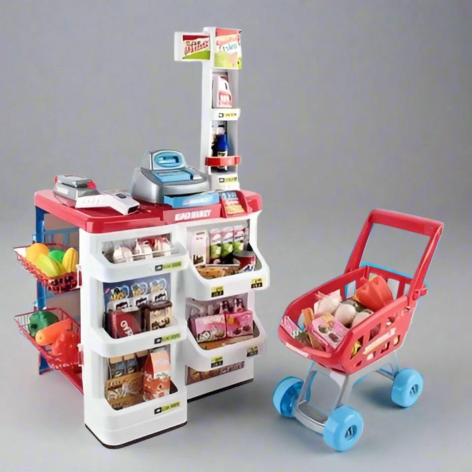 Kids Pretend Role Play Supermarket 24 Piece Playset Cash Register Trolley - Nurns