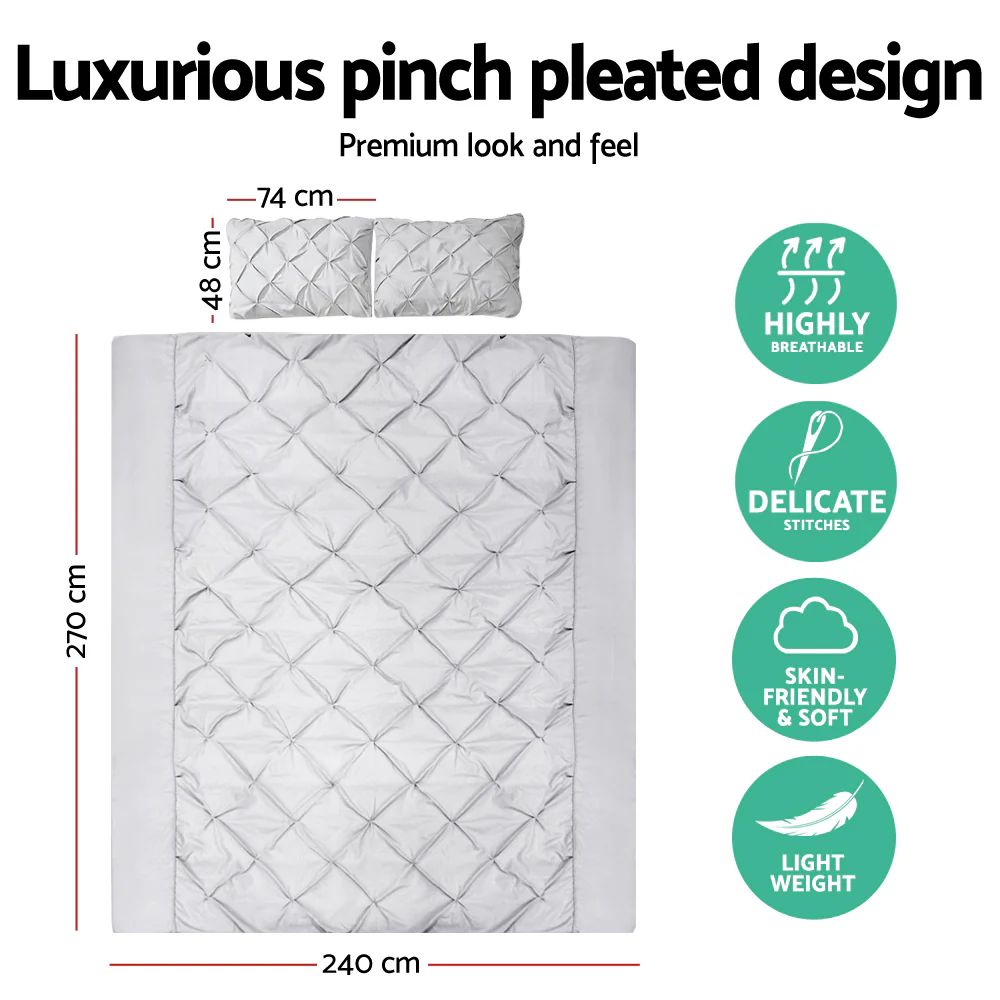SUPER KING 3-Piece Quilt Cover Set Diamond Pintuck - Grey - Nurns
