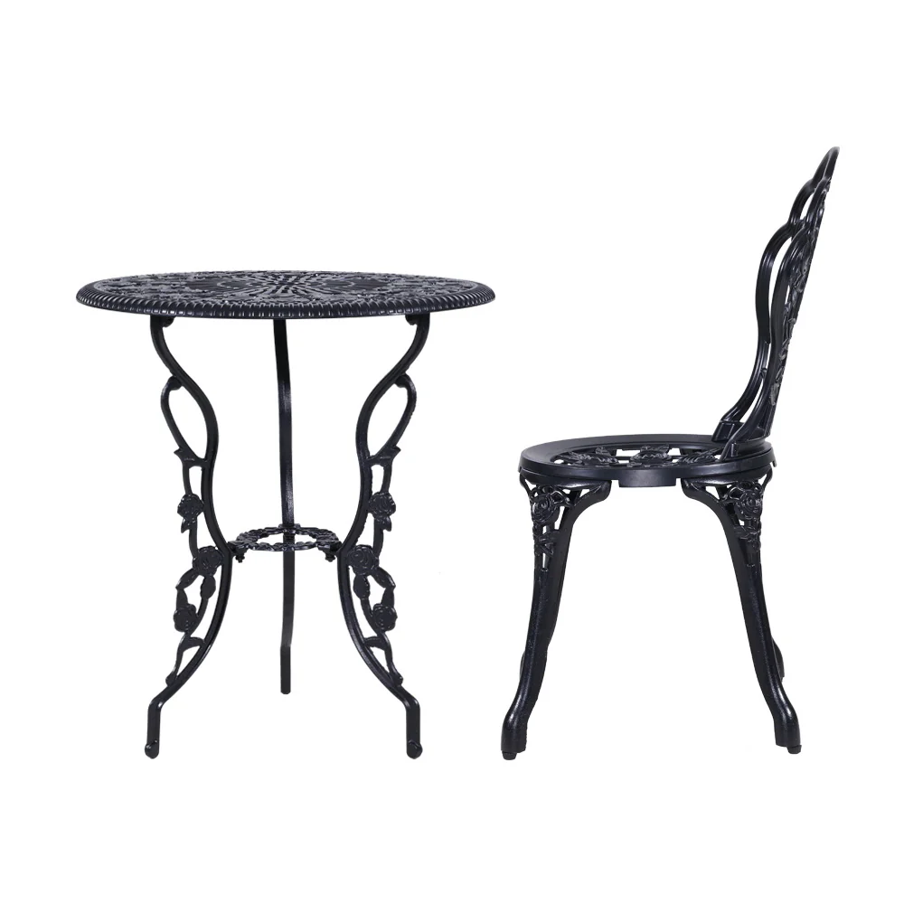 Caspian 2-Seater Cast Aluminium Table Chair Patio 3-Piece Outdoor Setting - Black - Nurns