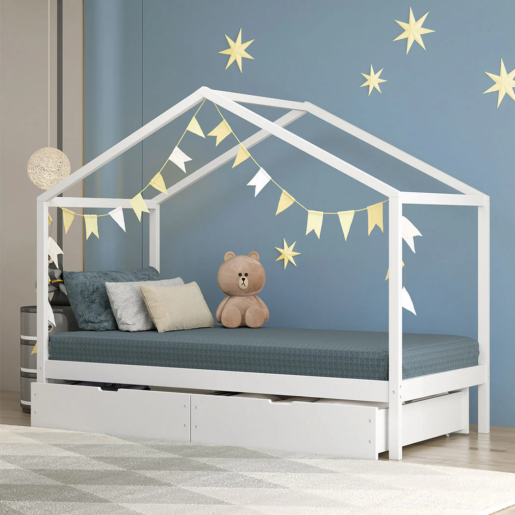 Riley Bed Frame Wooden Timber House Frame with Storage Drawers - White Single - Nurns