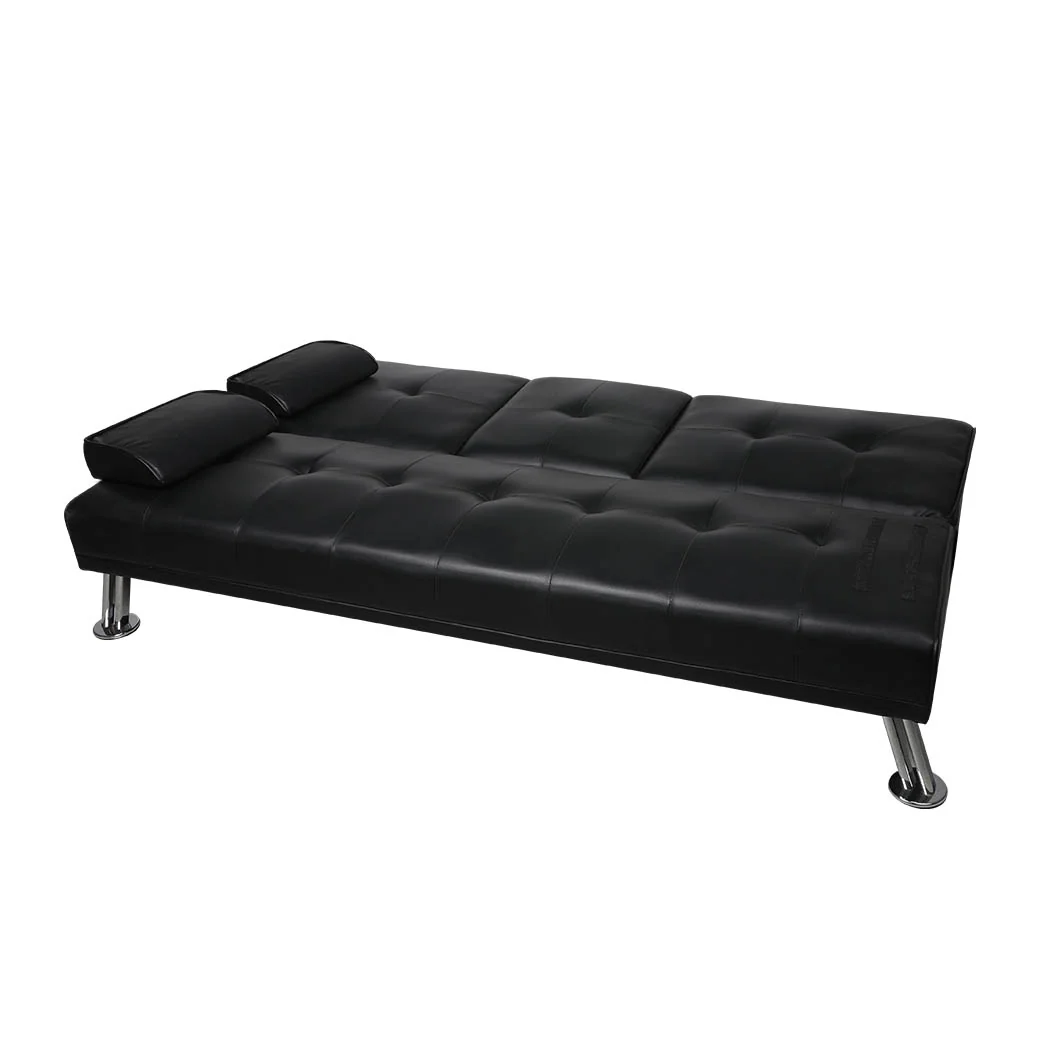 Marny 3-Seater Adjustable Sofa Bed Lounge Futon Couch Leather Beds Cup Holder Recliner - Black - Nurns