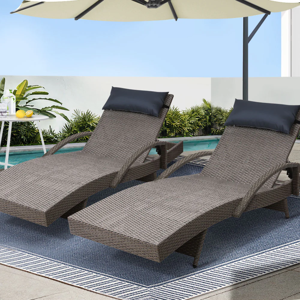 Silsden Set of 2 Outdoor Sun Lounge Wicker with Armrest Chair and Pillow - Grey - Nurns