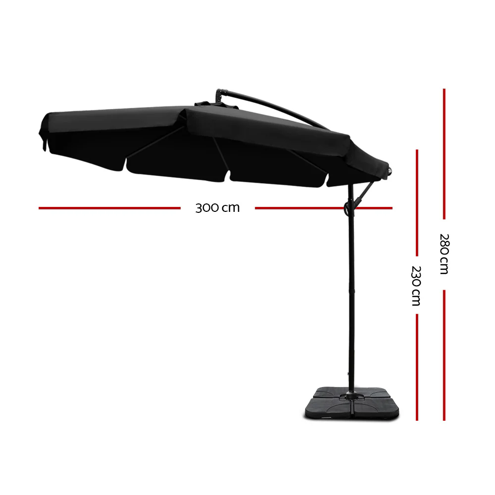 Instahut 3m Outdoor Umbrella w/Base Cantilever Garden Beach Patio Black - Nurns