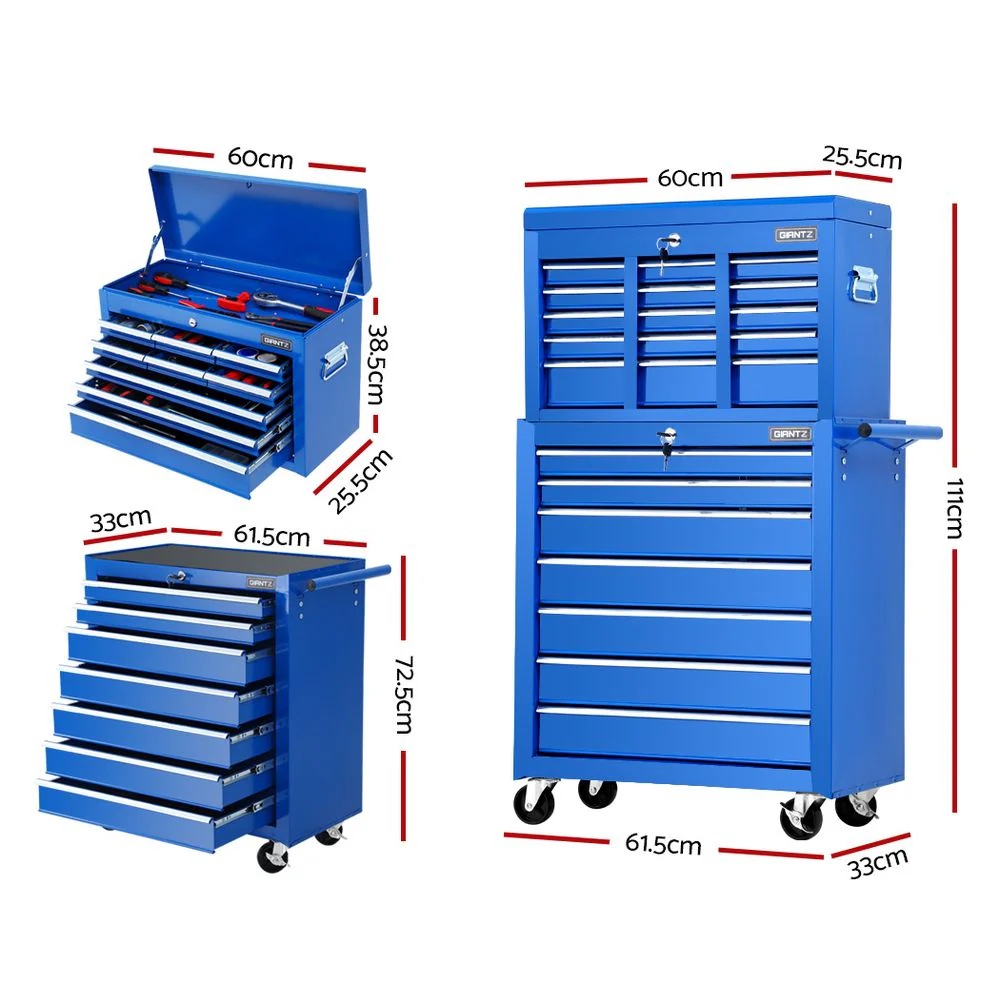 Tool Chest and Trolley Box Cabinet 16 Drawers Cart Garage Storage Blue - Nurns