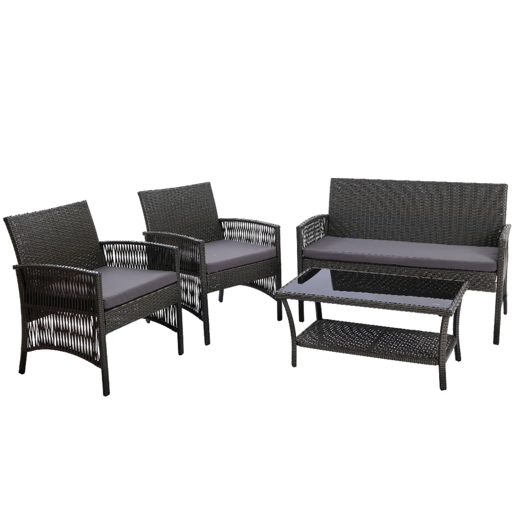 Luis 4-Seater Wicker Harp Chair Table Garden Furniture 4-Piece Outdoor Sofa Set - Grey - Nurns