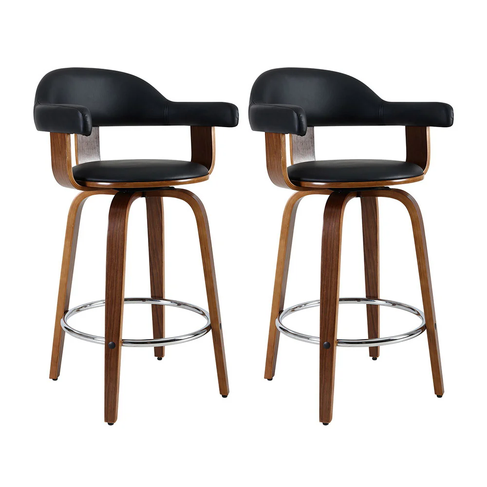 Set of 2 Evora Bar Stools PU Leather Wooden Swivel - Wood,Chrome & Black - Nurns