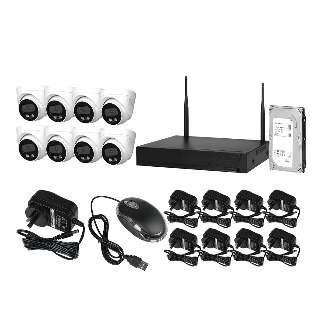 Set of 8 Wireless Security Camera System Set Round with NVR Hard Drive - White - Nurns