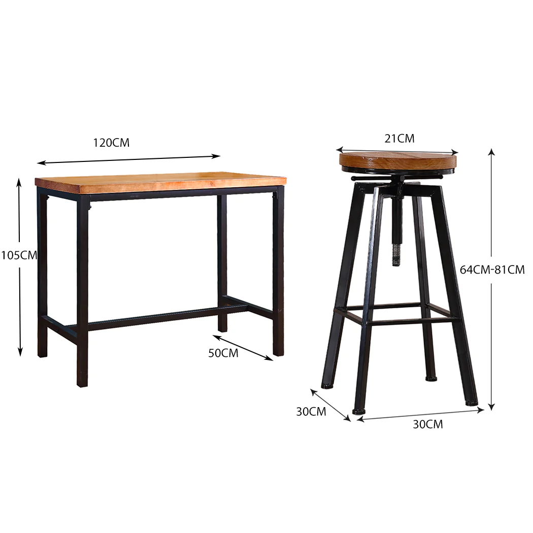 Set of 3 Potenza Industrial Pub Table & Bar Stools Wood Chair Set Home Kitchen Furniture - Black & Wood - Nurns