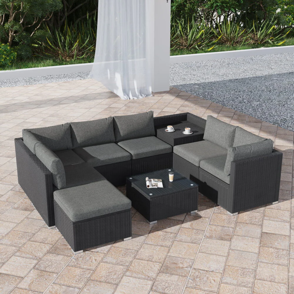 Shannon 6-Seater Large Modular Ottoman Outdoor Lounge Set - Black - Nurns