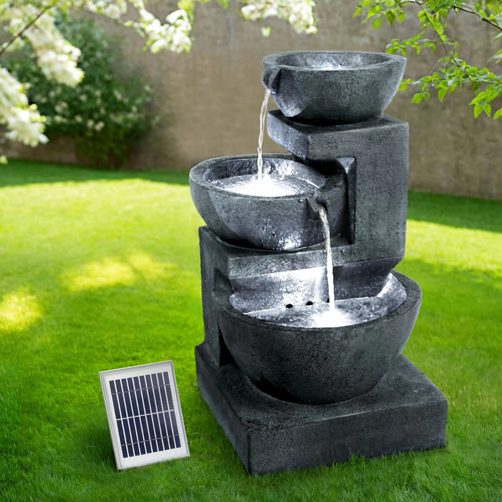 Solar Water Feature Cascading Fountain 3-Tier Bowl LED Lights 60cm - Blue - Nurns